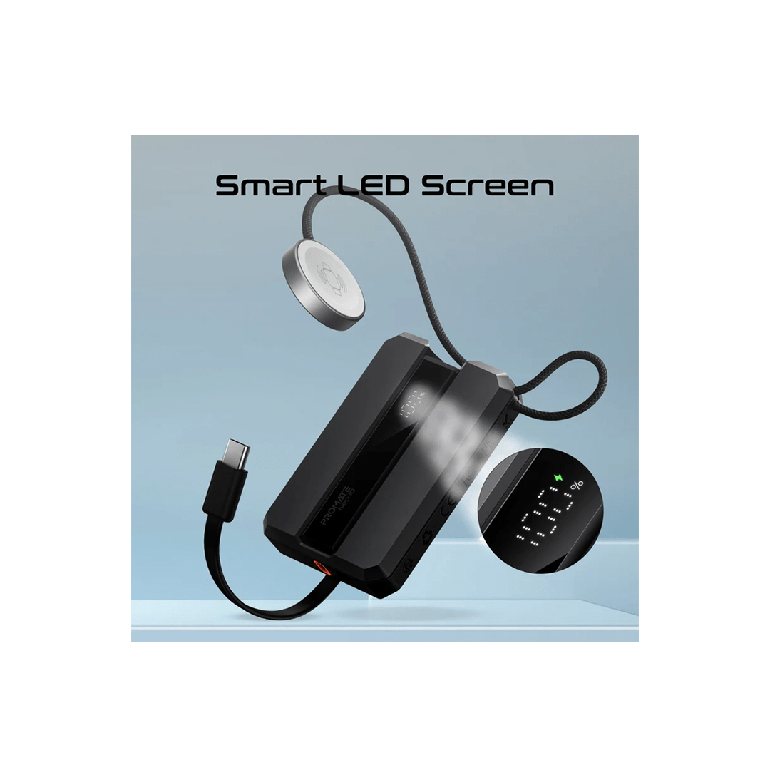 Promate Neo-10 30W 10000mAh Power Delivery Smartphone & Apple Watch Charging Power Bank with in-built USB-C Cable - Black in Qatar Promate Neo-10 30W 10000mAh Power Delivery Smartphone & Apple Watch Charging Power Bank with in-built USB-C Cable - Black in Qatar
